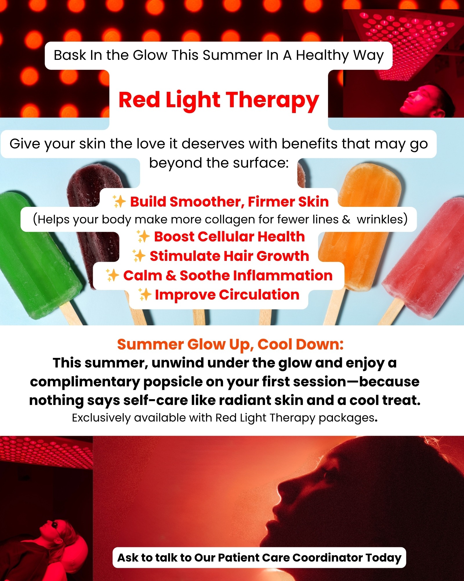 ☀️ Summer Glow Starts Here! ☀️ Revitalize Your Skin with Red Light Therapy This summer, step into the glow and treat your skin to ✨ Collagen Boost ✨ Reduced Fine Lines & Wrinkles ✨ Improved Skin T ☀️ Summer Glow Starts Here! ☀️ Revitalize Your Skin with Red Light Therapy This summer, step into the glow and treat your skin to ✨ Collagen Boost ✨ Reduced Fine Lines & Wrinkles ✨ Improved Skin T