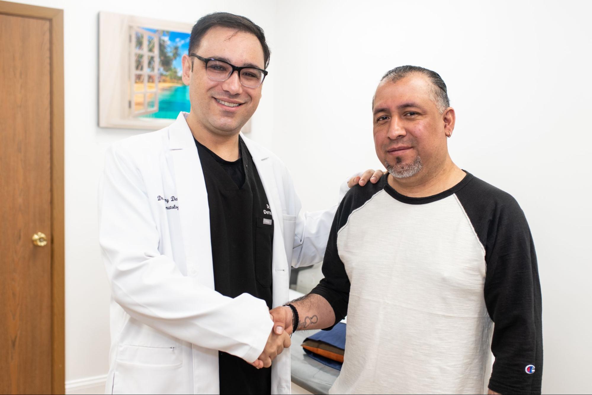 Doctor and patient shaking hands during a consultation at Chicago Skin Clinic, emphasizing a welcoming dermatology experience in a comfortable setting.